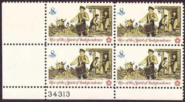 United States | 1973 Drummer Colonial Communications Bicentennial Series Plate Block of Four 8-Cent United States Postage Stamps Multicolored Stamp Multicolored