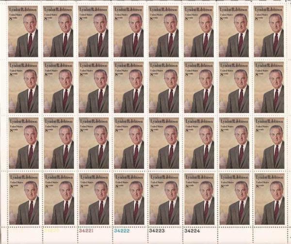 United States | 1973 Lyndon B Johnson Sheet of Thirty-Two 8-Cent US Postage Stamps Multicolored Stamp Multicolored