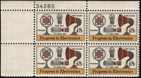 United States | 1973 Microphone and Speaker Plate Block of Four 15-Cent United States Postage Stamps Gray green and multicolored Stamp Gray green & multicolored