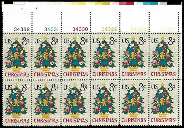 United States | 1973 Needlepoint Christmas Tree Plate Block of Twelve 8-Cent US Postage Stamps Mint Never Hinged  Multicolored Stamp Multicolored