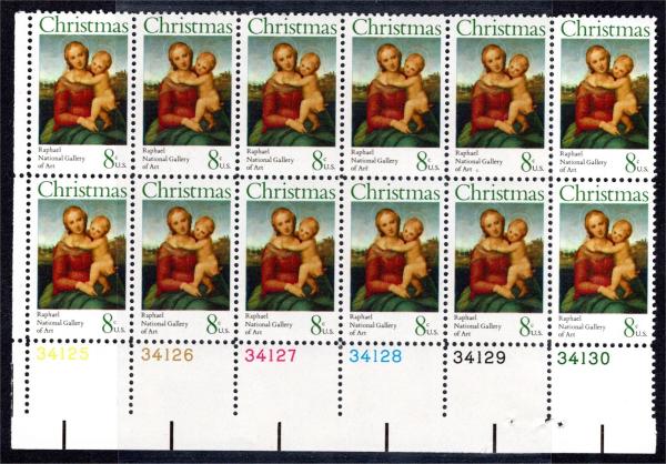 United States | 1973 Traditional Christmas Cowper Madonna Plate Block of Twelve 8-Cent US Postage Stamps Multicolored Stamp Multicolored