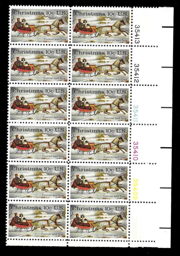 United States | 1974 Currier and Ives Winter Road Plate Block of Twelve United States 10-Cent Christmas Postage Stamps Multicolored Stamp Multicolored
