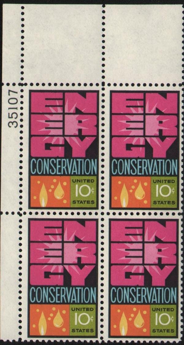 United States | 1974 Energy Conservation Plate Block of Four 10-Cent US Postage Stamps  Multicolored Stamp Multicolored