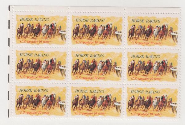 United States | 1974 Horse Racing Block of Nine 10-Cent US Postage Stamps  Yellow and multicolored Stamp United States