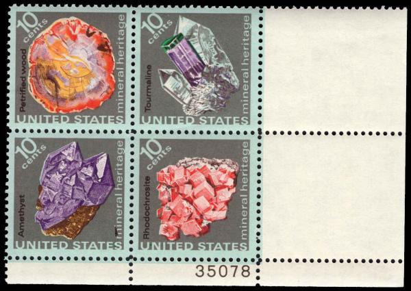 United States | 1974 Mineral Heritage Plate Block of Four 10-Cent United States Postage Stamps Multicolored Stamp Multicolored