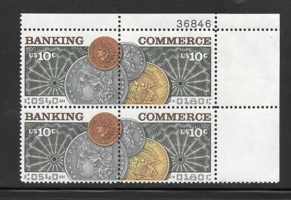 United States | 1975 Banking and Commerce Plate Block of Four 10-Cent USA Postage Stamps Mint Never Hinged Multicolored Stamp Multicolored