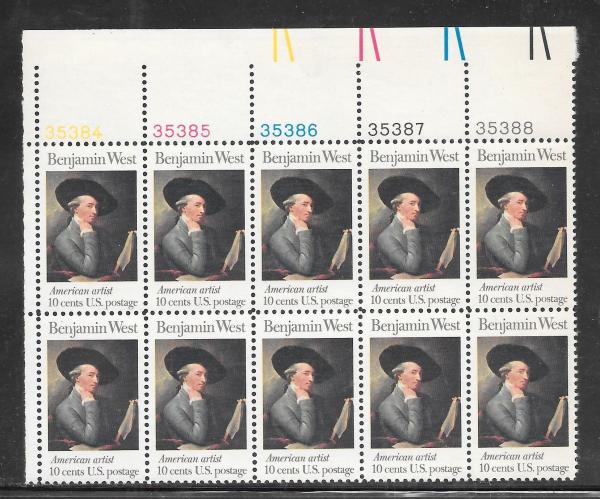 United States | 1975 Benjamin West Plate Block of Ten 10-Cent US Postage Stamps  Multicolored Stamp Multicolored