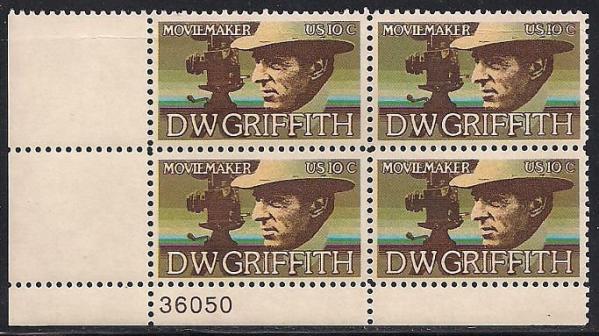 United States | 1975 D W Griffith Moviemaker Plate Block of Four 10-Cent United States Postage Stamps Issued 1975 Brown and multicolored Stamp Brown & multicolored