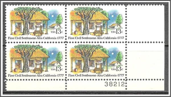 United States | 1977 First Civil Settlement Alta California Plate Block of Four 13-Cent US Postage Stamps Mint Never Hinged Multicolored Stamp Multicolored