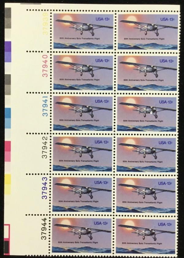 United States | 1977 Lindbergh Flight Plate Block of Twelve 13-Cent US Postage Stamps Mint Never Hinged Multicolored Stamp Multicolored