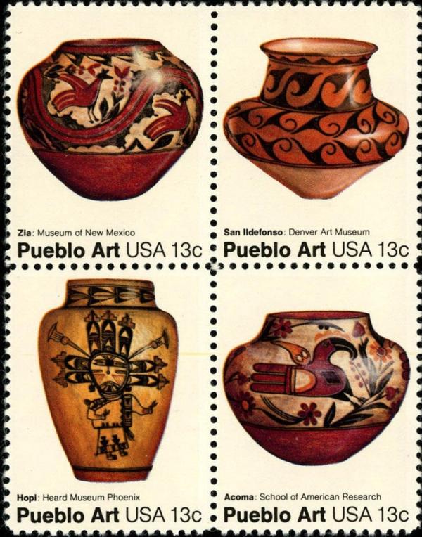 United States | 1977 Pueblo Pottery Block of Four 13-Cent United States Postage Stamps Multicolored Stamp Multicolored