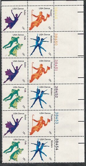 United States | 1978 American Dance Plate Block of Twelve 13-Cent United States Postage Stamps Multicolored Stamp Multicolored