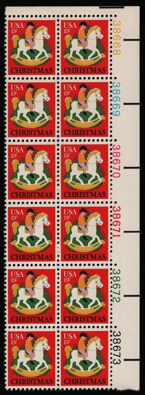 United States | 1978 Child on Rocking Horse Plate Block of Twelve 15-Cent USA Christmas Postage Stamps Mint Never Hinged Red and multicolored Stamp Red & multicolored