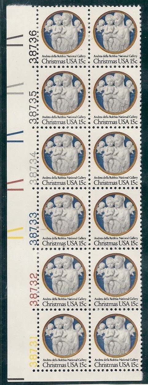 United States | 1978 Christmas Madonna and Child Plate Block of Twelve 15-Cent USA Postage Stamps Mint Never Hinged Blue and multicolored Stamp Blue & multicolored