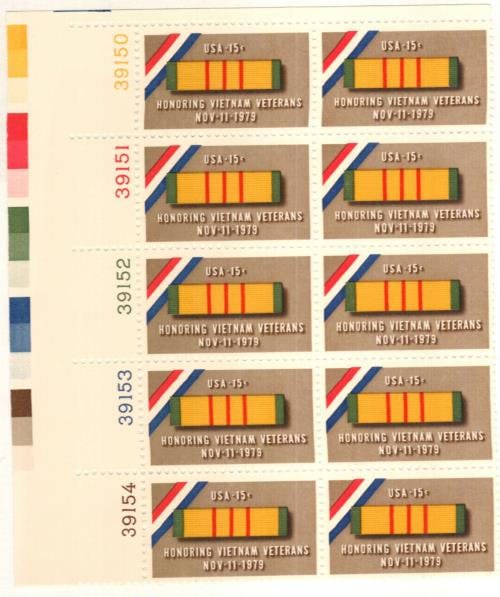 United States | 1979 Vietnam Veterans Plate Block of Ten 15-Cent United States Postage Stamps Issued 1979 Multicolored Stamp Multicolored