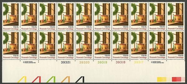 United States | 1980 Christmas Wreath and Toys Plate Block of Twenty 15-Cent USA Postage Stamps Multicolored Stamp Multicolored