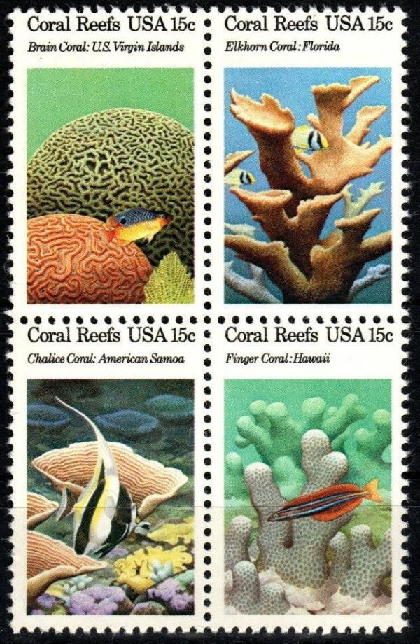 United States | 1980 Coral Reefs Block of Four 15-Cent United States Postage Stamps Multicolored Stamp Multicolored