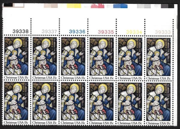 United States | 1980 Epiphany Stained Glass Window Plate Block of Twelve 15-Cent US Christmas Postage Stamps Multicolored Stamp Multicolored