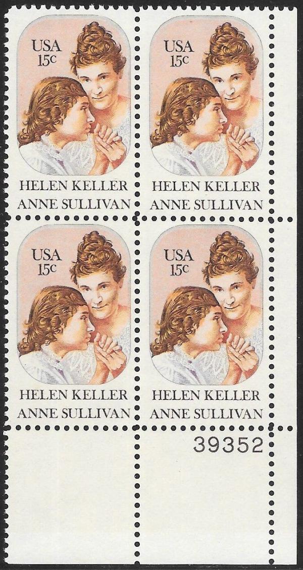 United States | 1980 Helen Keller and Anne Sullivan Plate Block of Four 15-Cent United States Postage Stamps Multicolored Stamp Multicolored
