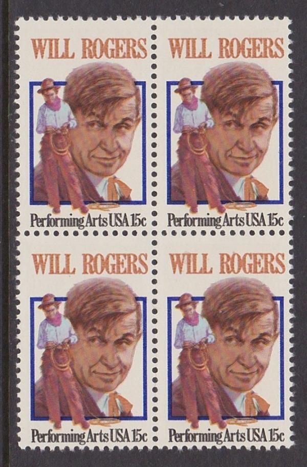 United States | 1980 Will Rogers Block of Four 15-Cent United States Postage Stamps Multicolored Stamp Multicolored