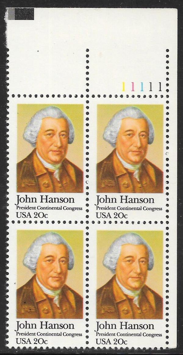 United States | 1981 John Hanson Plate Block of Four 20-Cent United States Postage Stamps Multicolored Stamp Multicolored