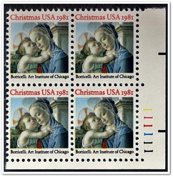 United States | 1981 Madonna and Child Plate Block of Four 20-Cent United States Postage Stamps Multicolored Stamp Multicolored