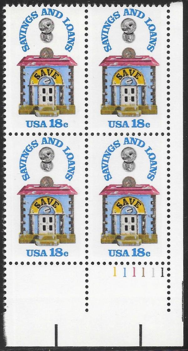 United States | 1981 Savings and Loans Sesquicentennial Plate Block of Four 18-Cent United States Postage Stamps Multicolored Stamp Multicolored