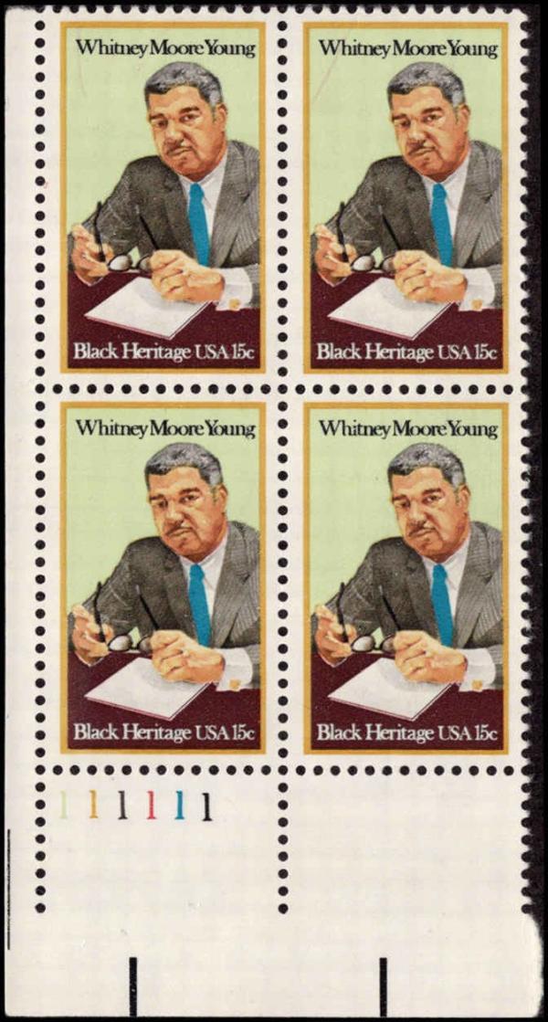 United States | 1981 Whitney Moore Young Plate Block of Four 15-Cent United States Postage Stamps Multicolored Stamp Multicolored
