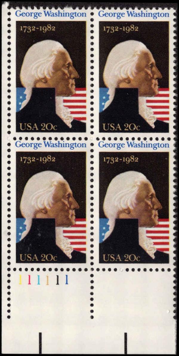 United States | 1982 George Washington Plate Block of Four 20-Cent US Postage Stamps Mint Never Hinged Multicolored Stamp Multicolored