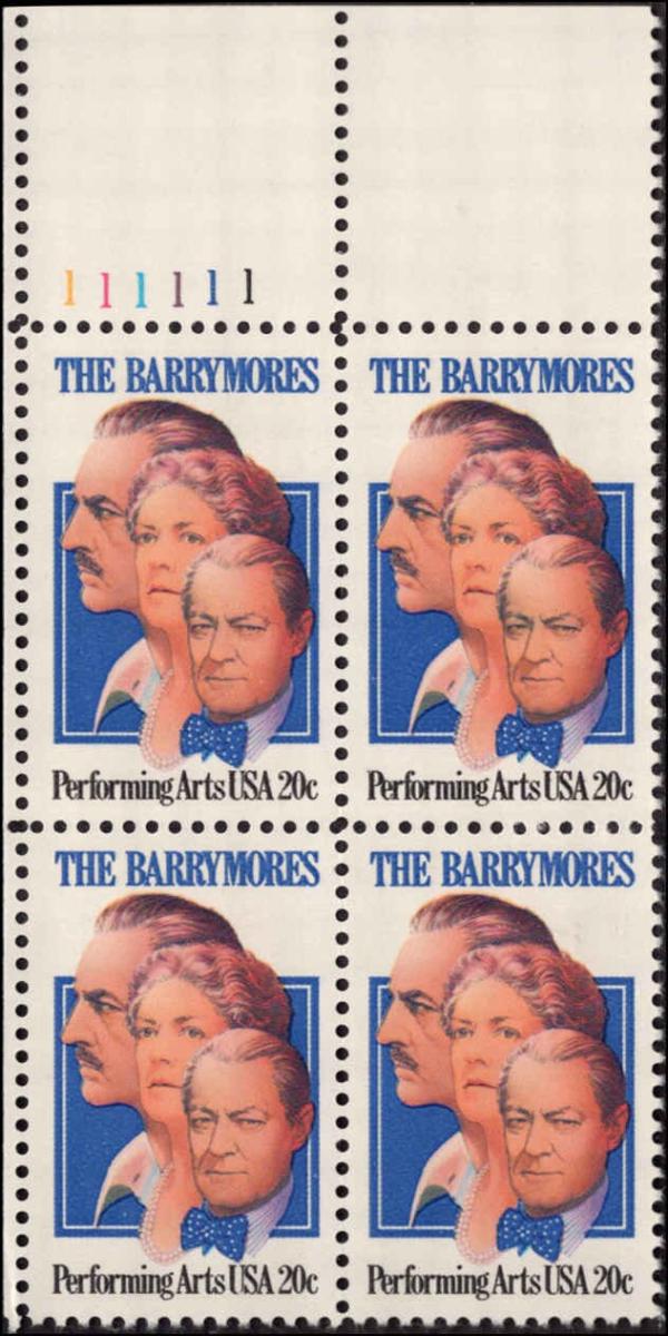 United States | 1982 The Barrymores Plate Block of Four 20-Cent United States Postage Stamps Multicolored Stamp Multicolored