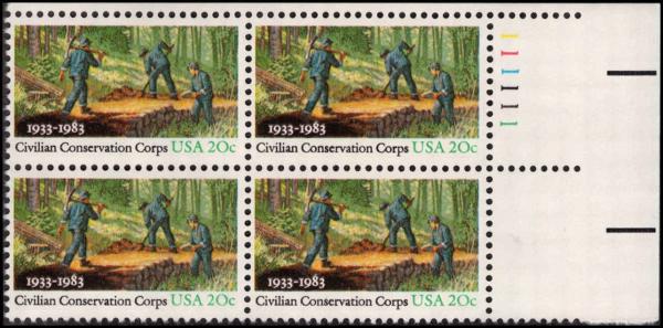 United States | 1983 Civilian Conservation Corps Plate Block of Four 20-Cent United States Postage Stamps Multicolored Stamp Multicolored