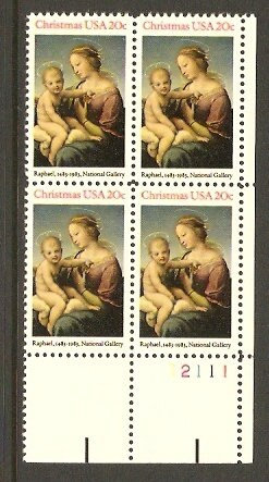 United States | 1983 Madonna and Child Plate Block of Four 20-Cent US Christmas Postage Stamps Multicolored Stamp Multicolored