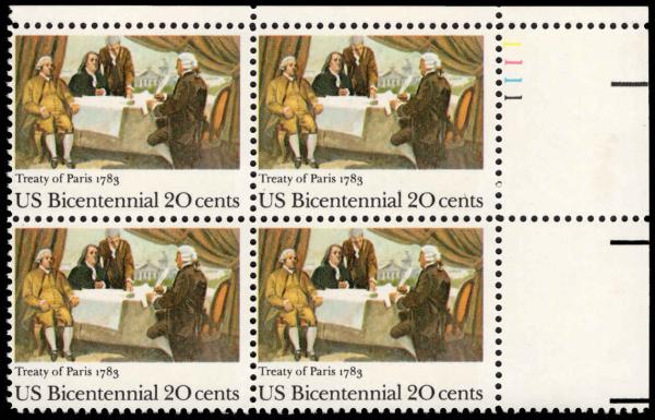 United States | 1983 Signing of Treaty of Paris Plate Block of Four 20-Cent US Postage Stamps Multicolored Stamp Multicolored
