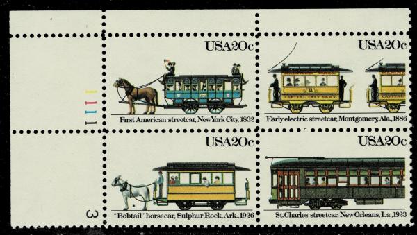 United States | 1983 Streetcars Plate Block of Four 20-Cent United States Postage Stamps Multicolored Stamp Multicolored