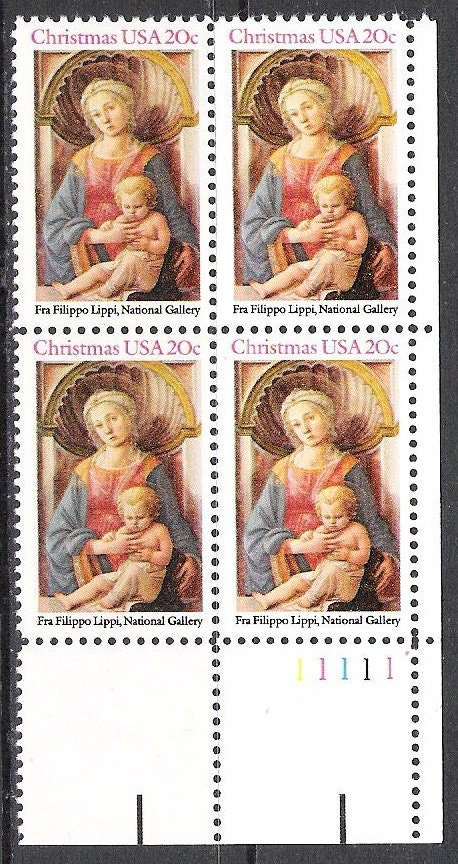 United States | 1984 Christmas Madonna and Child Plate Block of Four 20-Cent US Postage Stamps Multicolored Stamp Multicolored