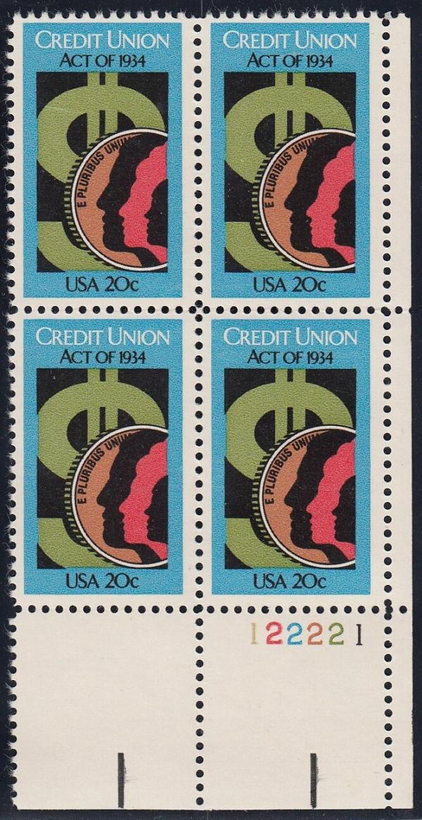 United States | 1984 Credit Union Act Plate Block of Four 20-Cent United States Postage Stamps Multicolored Stamp Multicolored