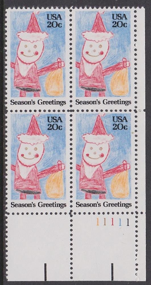 United States | 1984 Drawing of Santa Claus Plate Block of Four 20-Cent United States Postage Stamps Multicolored Stamp Multicolored