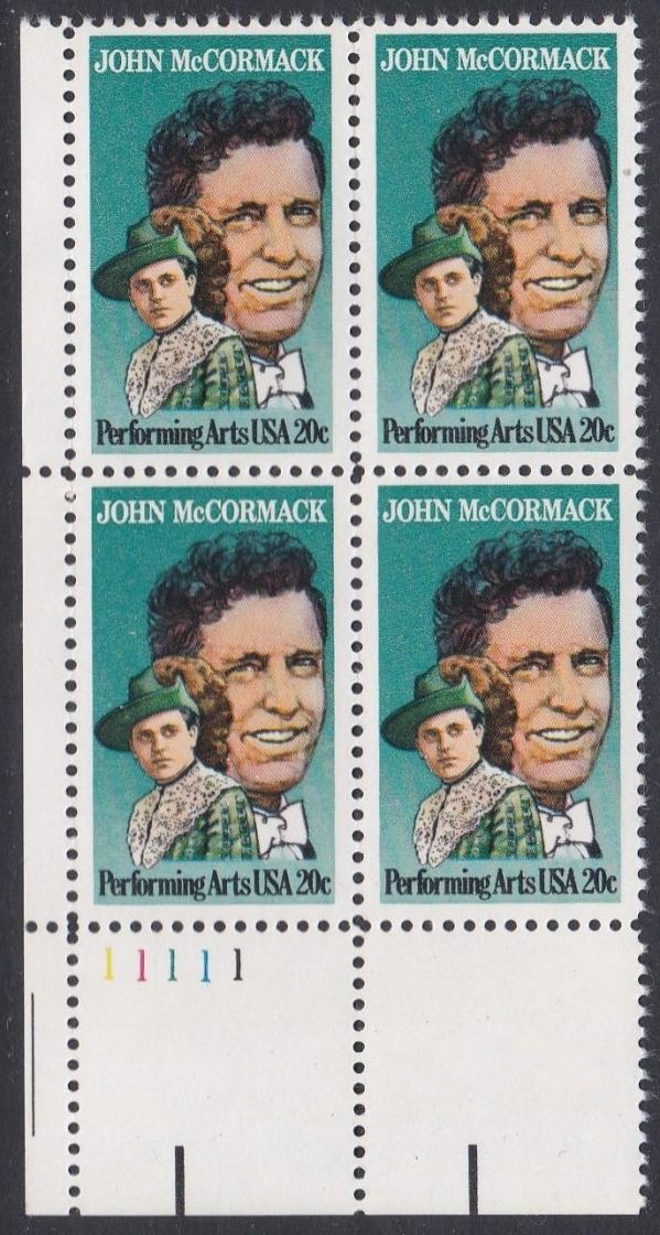 United States | 1984 John McCormack Plate Block of Four 20-Cent United States Postage Stamps Multicolored Stamp Multicolored