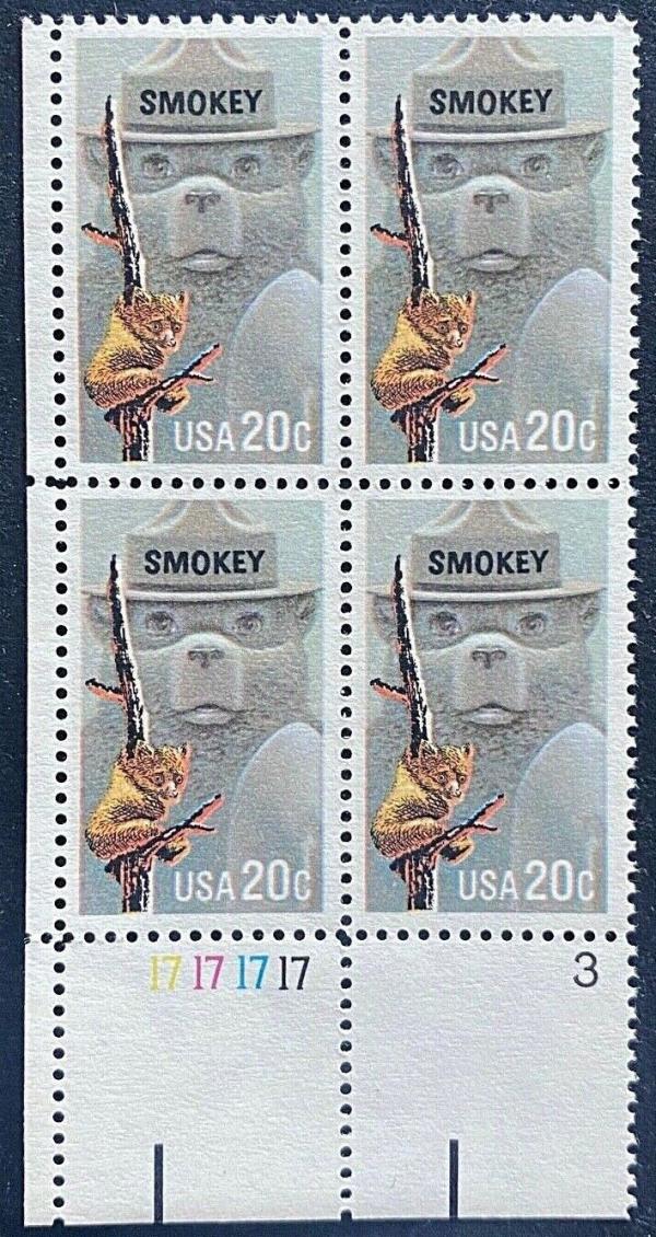 United States | 1984 Smokey Bear Fire Prevention Plate Block of Four 20-Cent United States Postage Stamps Multicolored Stamp Multicolored