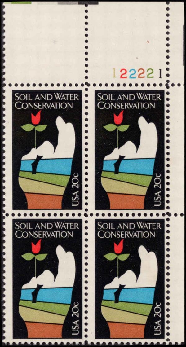 United States | 1984 Soil and Water Conservation Plate Block of Four 20-Cent US Postage Stamps Multicolored Stamp Multicolored