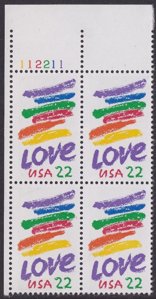 United States | 1985 Love Crayon Plate Block of Four 22-Cent United States Postage Stamps Multicolored Stamp Multicolored
