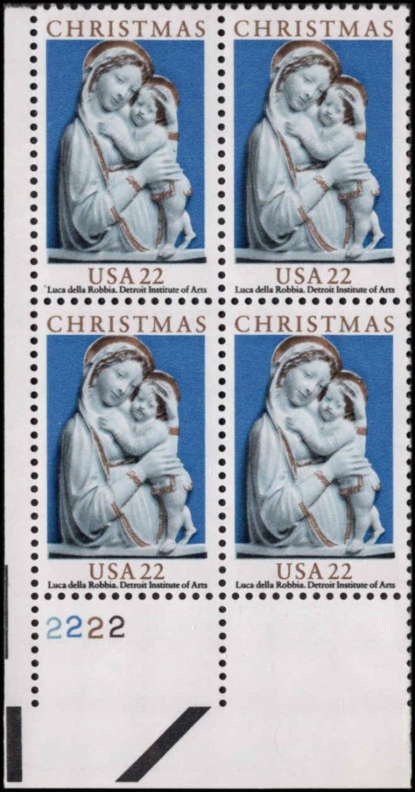 United States | 1985 Madonna and Child Plate Block of Four 22-Cent United States Christmas Postage Stamps Multicolored Stamp Multicolored