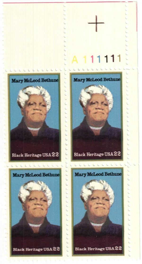 United States | 1985 Mary McLeod Bethune Black Heritage Plate Block of Four United States 22-Cent Postage Stamps Multicolored Stamp Multicolored