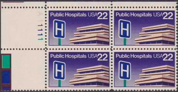 United States | 1986 Public Hospitals Plate Block of Four 22-Cent United States Postage Stamps Multicolored Stamp Multicolored