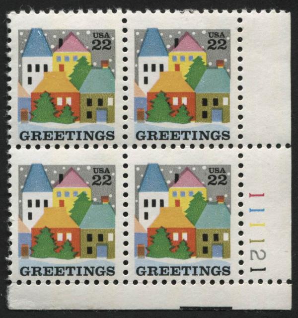 United States | 1986 Winter Village Scene Plate Block of Four 22-Cent United States Christmas Postage Stamps Multicolored Stamp Multicolored