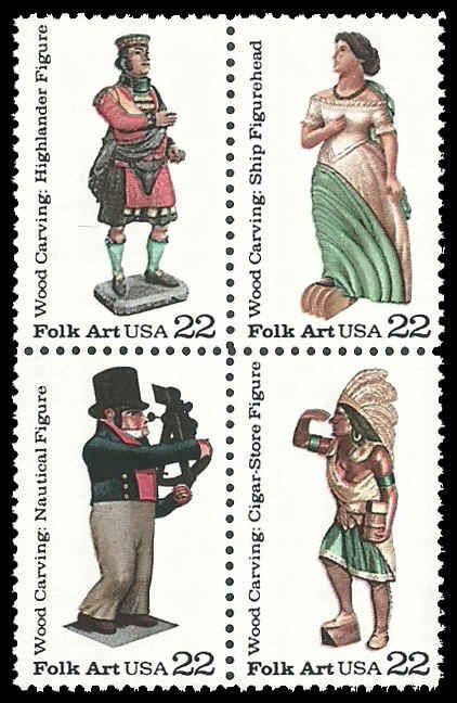 United States | 1986 Wood Carved Figurines Block of Four 22-Cent United States Postage Stamps Multicolored Stamp Multicolored