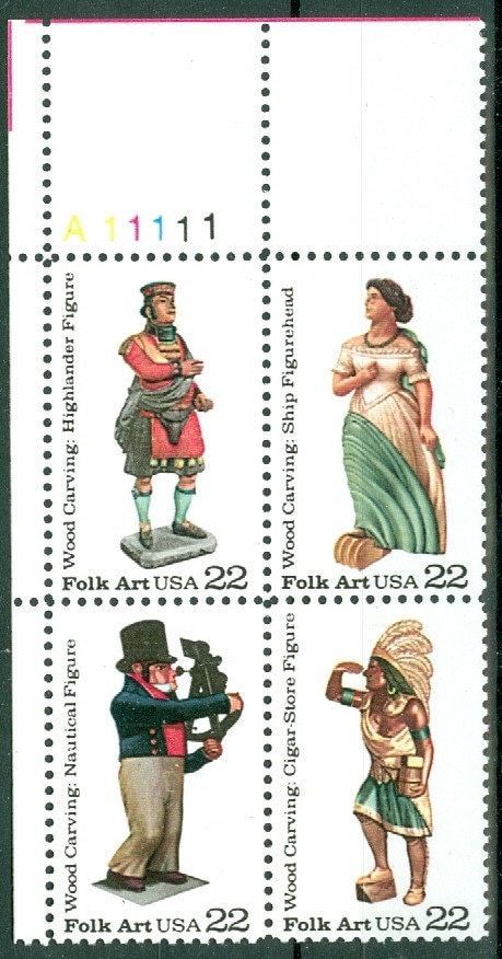 United States | 1986 Wood Carved Figurines Plate Block of Four 22-Cent United States Postage Stamps Multicolored Stamp Multicolored