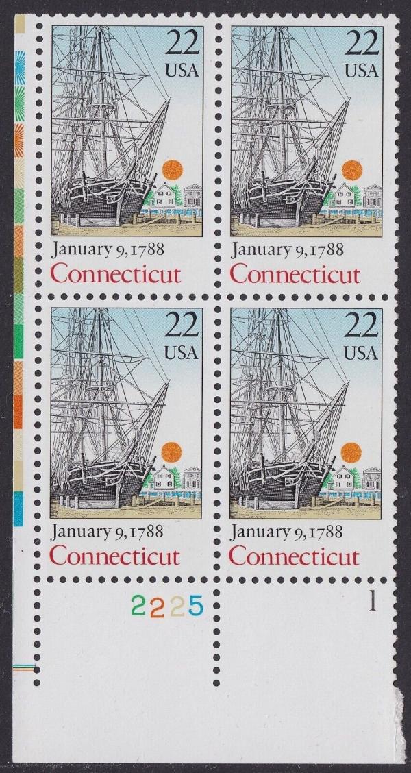 United States | 1987 Connecticut Statehood Plate Block of Four 22-Cent United States Postage Stamps Multicolored Stamp Multicolored