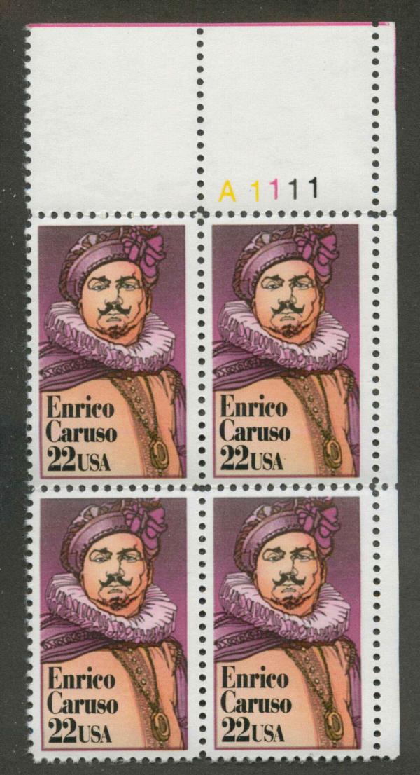 United States | 1987 Enrico Caruso Plate Block of Four 22-Cent United States Postage Stamps Multicolored Stamp Multicolored