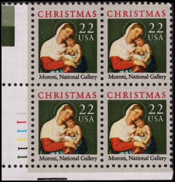 United States | 1987 Madonna and Child Plate Block of Four 22-Cent United States Christmas Postage Stamps Multicolored Stamp Multicolored